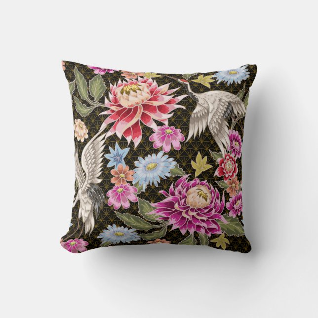 Japanese pattern with flowers and white cranes cushion (Front)