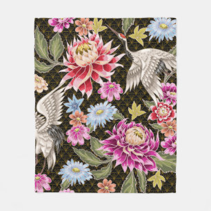 Japanese pattern with flowers and white cranes fleece blanket