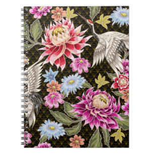 Japanese pattern with flowers and white cranes notebook