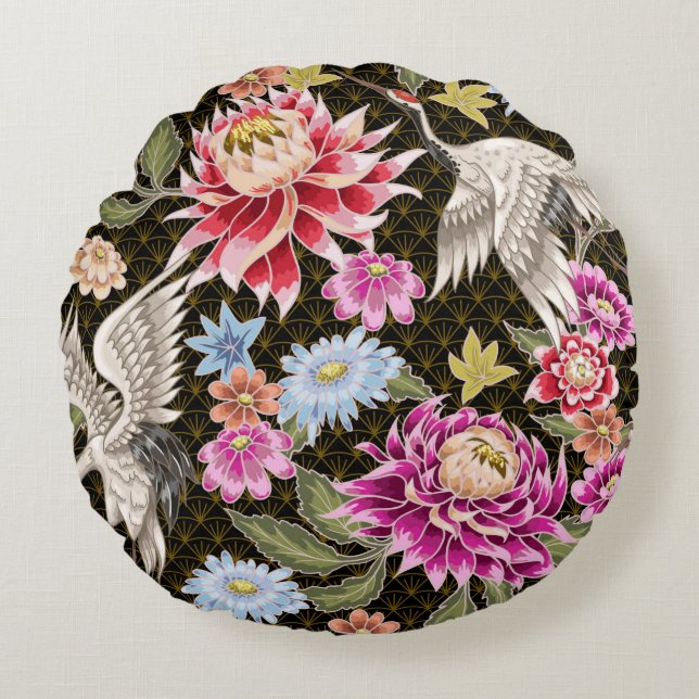 Japanese pattern with flowers and white cranes round cushion (Front)