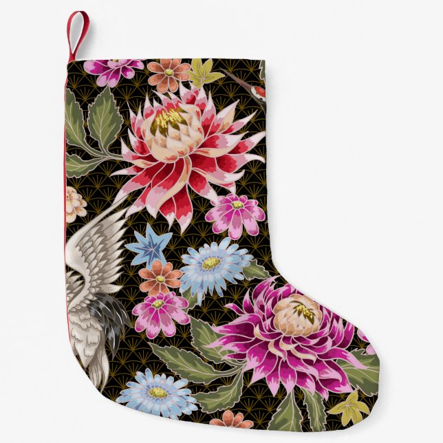 Japanese pattern with flowers and white cranes small christmas stocking (Front)