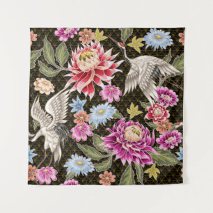 Japanese pattern with flowers and white cranes tapestry