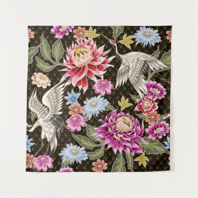 Japanese pattern with flowers and white cranes tapestry (Front)