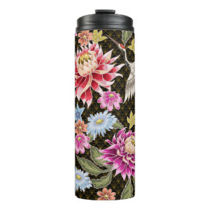 Japanese pattern with flowers and white cranes thermal tumbler