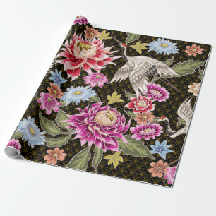 Japanese pattern with flowers and white cranes wrapping paper