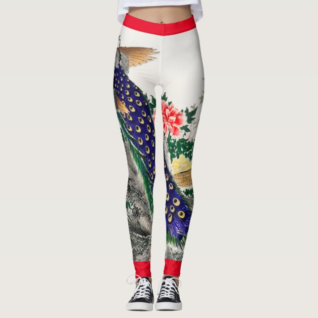 JAPANESE PEACOCK LEGGINGS RED TRIMMED (Front)