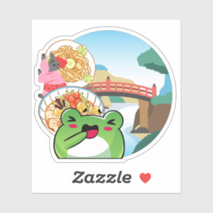 Japanese Picnic by the Bridge with Cat and Frog