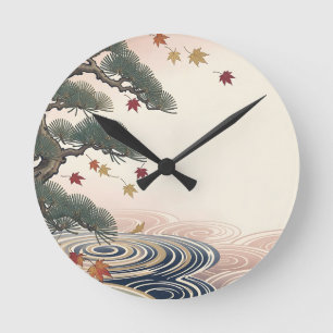 Japanese Pine Maple Leaves Autumn Waves Round Clock