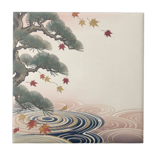 Japanese Pine Maple Leaves Autumn Waves Tile