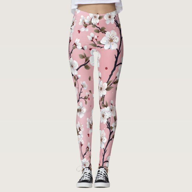 Japanese Pink Cherry Blossom Sakura Floral Spring  Leggings (Front)
