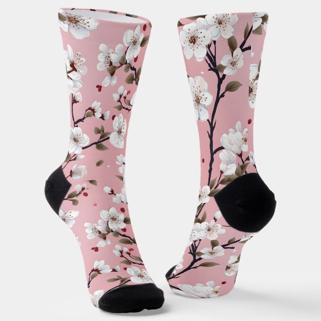 Japanese Pink Cherry Blossom Sakura Floral Spring  Socks (Angled)