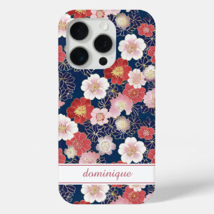 Japanese Pink Floral Pattern Monogrammed iPhone 15 Pro Case
