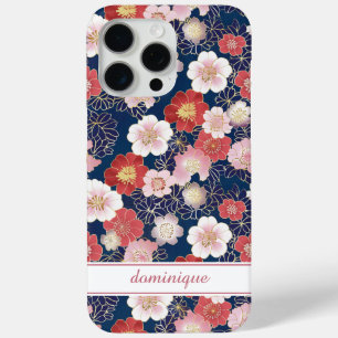 Japanese Pink Floral Pattern Monogrammed iPhone 15 Pro Max Case