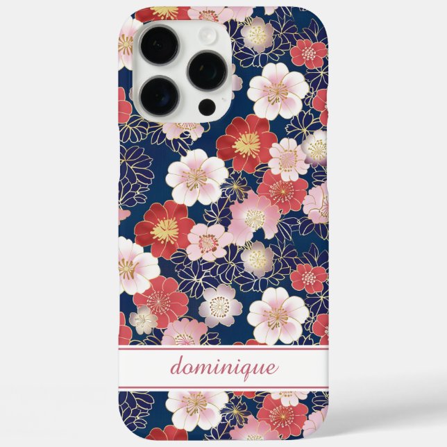 Japanese Pink Floral Pattern Monogrammed Case-Mate iPhone Case (Back)