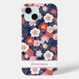 Japanese Pink Floral Pattern Monogrammed iPhone 15 Case