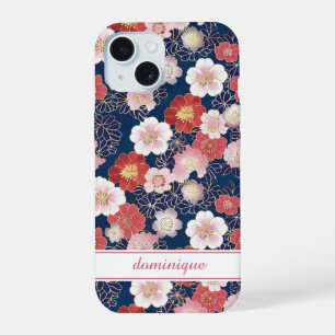 Japanese Pink Floral Pattern Monogrammed iPhone 15 Case