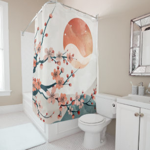 Japanese Pink Plum Blossom and Moon Shower Curtain