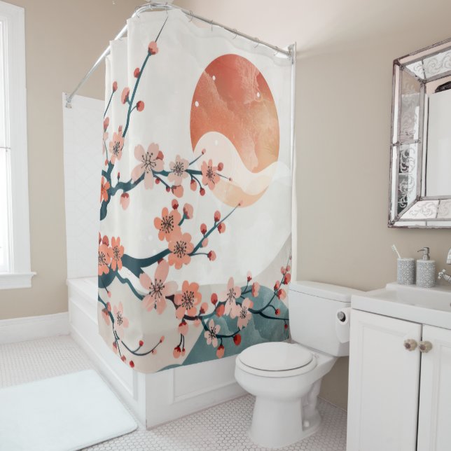 Japanese Pink Plum Blossom and Moon Shower Curtain (In Situ)