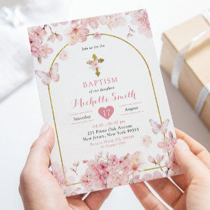 Japanese Pink Sakura Cherry Blossom Baptism Invitation