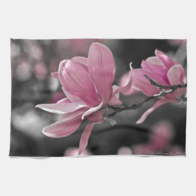 Japanese Pink Saucer Magnolia Tea Towel (Horizontal)