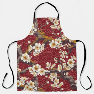 Japanese Plum Blossom Coral Cream Burgundy Pattern Apron