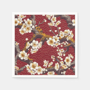 Japanese Plum Blossom Coral Cream Burgundy Pattern Napkin