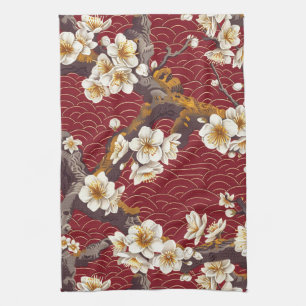 Japanese Plum Blossom Coral Cream Burgundy Pattern Tea Towel