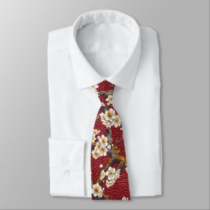 Japanese Plum Blossom Coral Cream Burgundy Pattern Tie