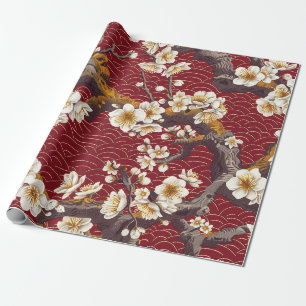 Japanese Plum Blossom Coral Cream Burgundy Pattern Wrapping Paper