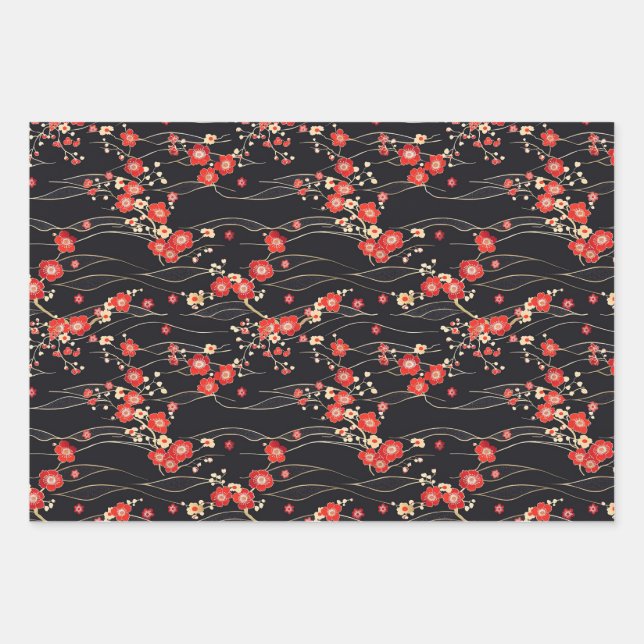 Japanese Plum Blossom Wave Pattern Wrapping Paper Sheet (Front)