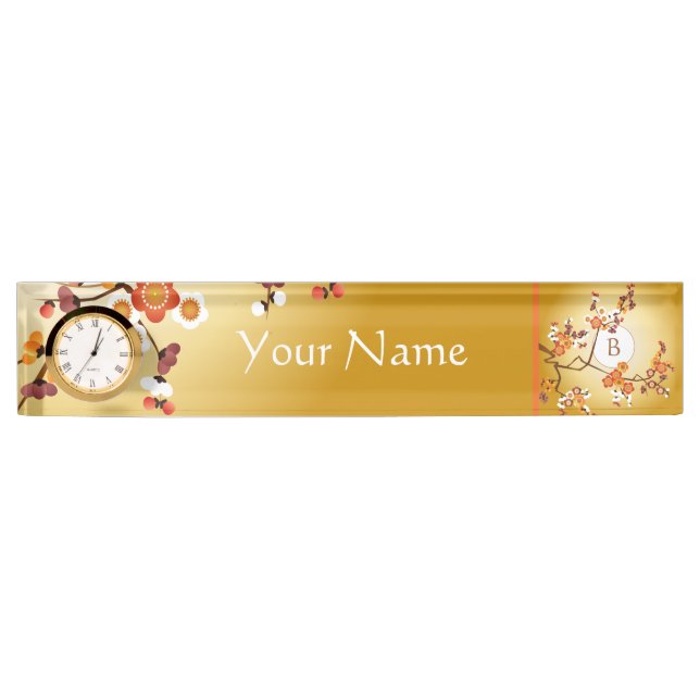 Japanese Plum Blossoms Moon Gold Orange Red Branch Nameplate (Front)