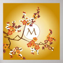 Japanese Plum Blossoms Moon Gold Orange Red Branch