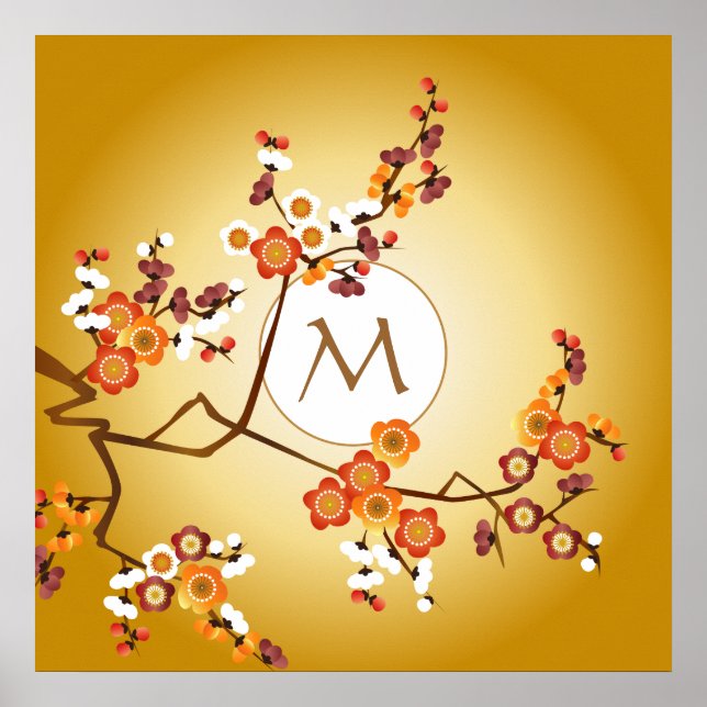 Japanese Plum Blossoms Moon Gold Orange Red Branch Poster (Front)