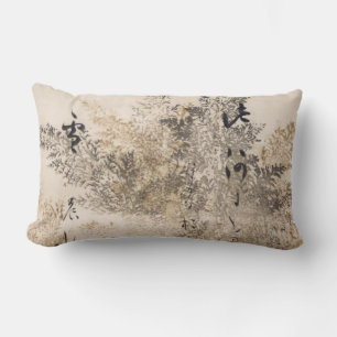 Japanese Poem Painting Gold Silver Autumn Cypress Lumbar Cushion