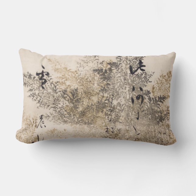 Japanese Poem Painting Gold Silver Autumn Cypress Lumbar Cushion (Front)