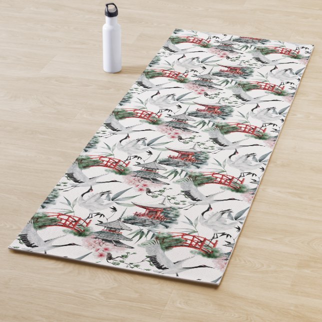 Japanese Pogoda, Bridge, Crane in Grey and Red Yoga Mat (In Situ)