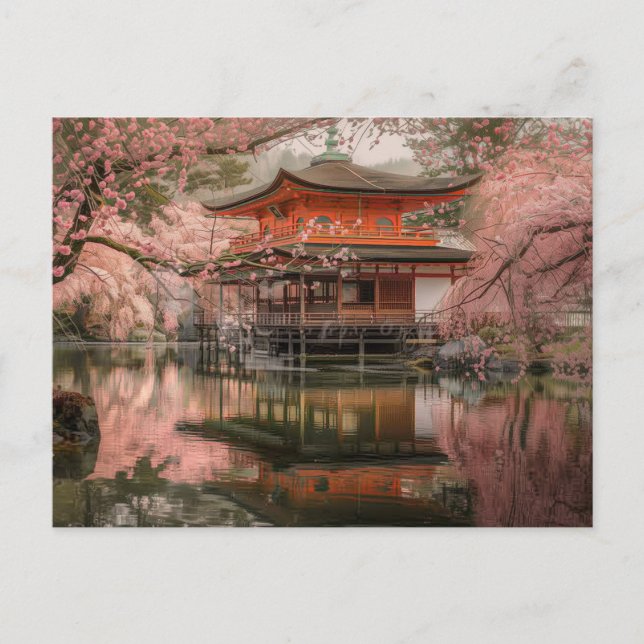 Japanese pond, and cherry blossom postcard (Front)