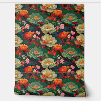 Japanese ponies on emerald wallpaper