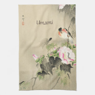 Japanese print Botanical Rose and Bird Tea Towel