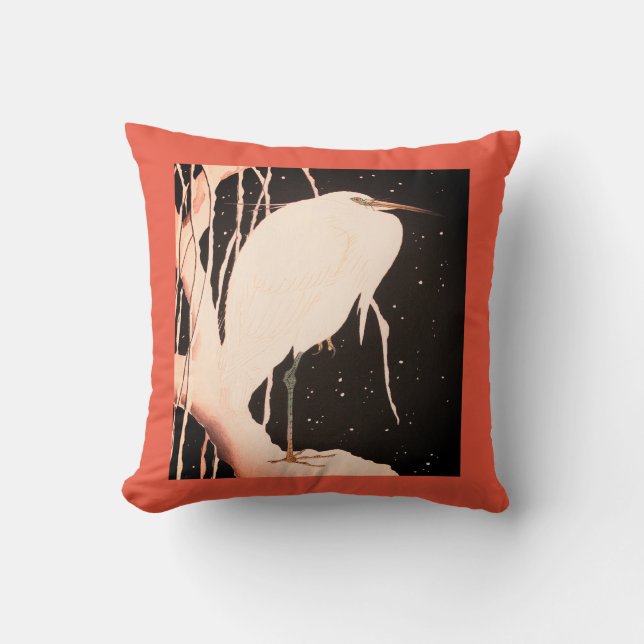 JAPANESE PRINT HERON COTTON Throw Pillow (Front)