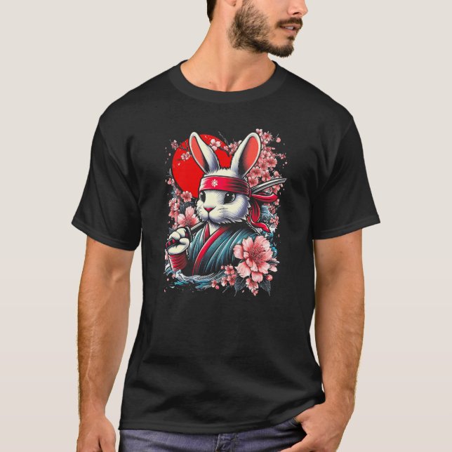 Japanese Rabbit Ninja Retro Bunny Chery Blossom Ja T-Shirt (Front)