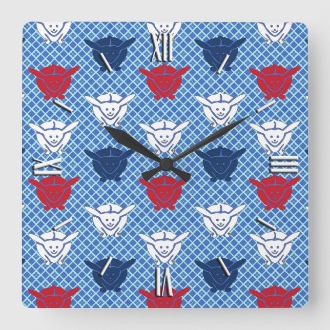 Japanese rabbit print, blue with red and white square wall clock (Front)