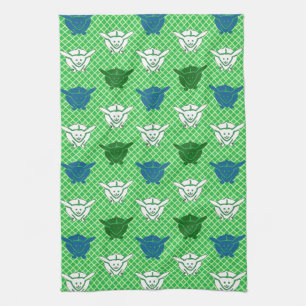 Japanese rabbit print, green, blue and white tea towel