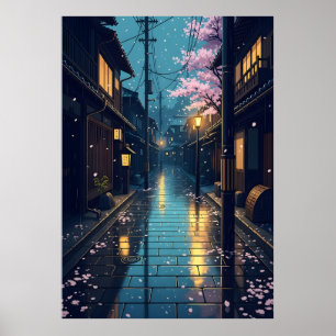 Japanese Rainy Cozy Cherry Blossom Street Anime Poster