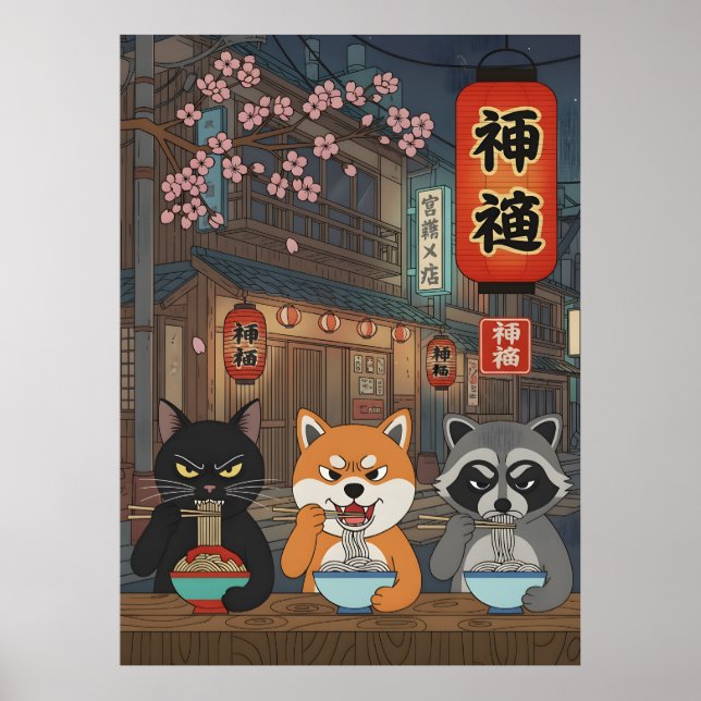 Japanese Ramen cat dog Raccoon Animal Art Noodles Poster (Front)
