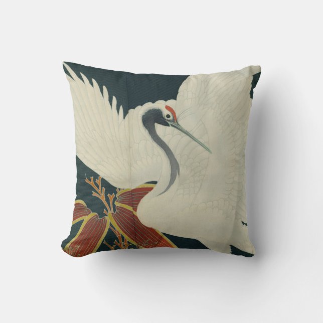 Japanese Red Crowned Crane Vintage Fine Art Cushion (Front)