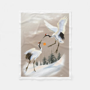 Japanese Red Crowned Cranes Winter Sun Fleece Blan Blanket