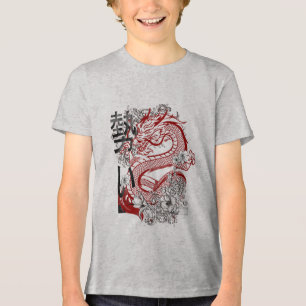 Japanese Red Dragon Floral Art Tri-Blend Shirt