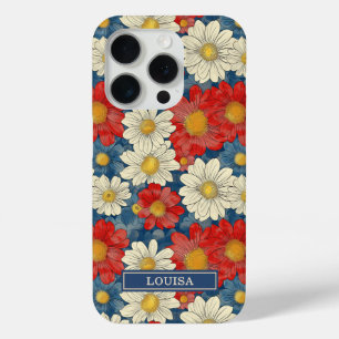Japanese Red Floral Pattern Monogrammed iPhone 15 Pro Case