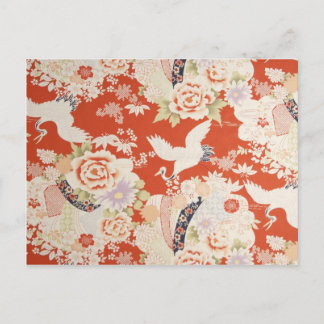 Japanese Red Kimono Crane Pattern Sakura Flowers Postcard